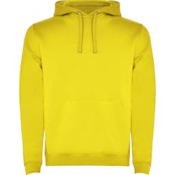 A bright yellow hooded sweatshirt featuring a kangaroo pouch and drawstring hood. It has a logo on the front.