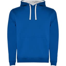 A blue hooded sweatshirt with a front pocket, white drawstrings, and a grey interior lining. It has a logo.
