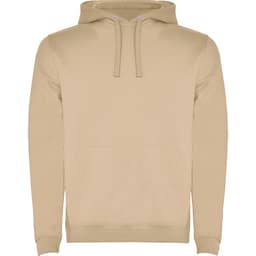 A beige hooded sweatshirt with a spacious front pocket and a drawstring hood. It features a logo.
