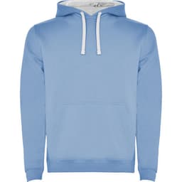 A blue hooded sweatshirt featuring a front pocket and white drawstrings. The interior has a contrasting colour.