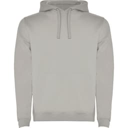 A light grey hooded sweatshirt with a kangaroo pocket and a drawstring hood. It features a logo on the front.
