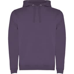 A purple hooded sweatshirt with a front pocket and drawstring hood, featuring a logo on the front.