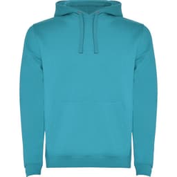 A turquoise hooded sweatshirt with a front pocket and drawstring hood, featuring a logo on the chest.