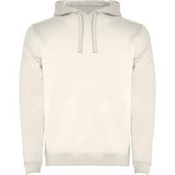 A cream-coloured hooded sweatshirt with a front pocket and drawstrings, featuring a logo on the chest.