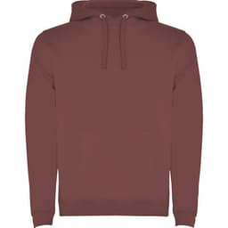 A maroon hooded sweatshirt featuring a front pocket and drawstring hood, with a logo on the front.
