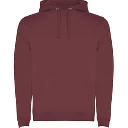A maroon hooded sweatshirt with a front pocket and drawstring hood, featuring a logo on the side.