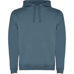 A blue urban hooded sweatshirt featuring a front pocket and drawstring hood, with a logo on the chest.