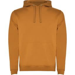A mustard hooded sweatshirt featuring a front pocket and drawstring hood. The product has a logo on it.