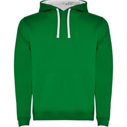 A green hooded sweatshirt featuring a front pocket and white drawstrings. It has a logo on the front.