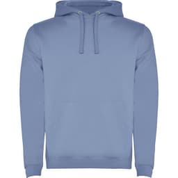 A blue urban hooded sweatshirt with a front pocket and drawstring hood. It features a logo.