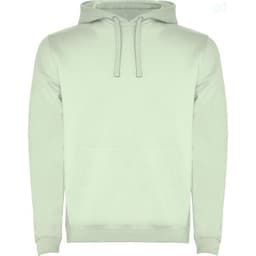 A light green hooded sweatshirt with a front pocket and drawstrings. The sweatshirt features a logo.