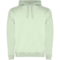 A light green hooded sweatshirt featuring a front pouch pocket and drawstrings. It includes a logo.