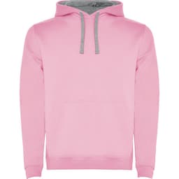 A pink hooded sweatshirt with a grey hood and drawstrings. It features a front pocket and a logo.