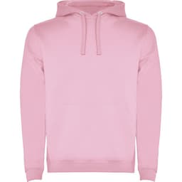 A pink urban hooded sweatshirt with a front pocket and drawstring hood, featuring a logo.