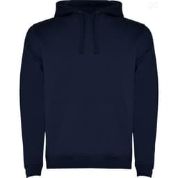 A navy hooded sweatshirt featuring a kangaroo pocket and a drawstring hood. Includes a logo on the front.