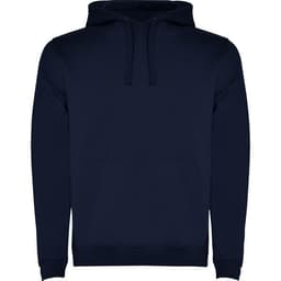 A navy hooded sweatshirt with a front pocket and drawstring hood, featuring a logo.