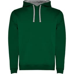 A green hooded sweatshirt with a grey-lined hood and kangaroo pocket, featuring a logo on it.