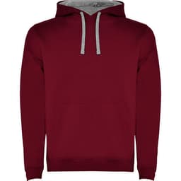 A burgundy hooded sweatshirt with a grey inner lining and a front pocket. It features a logo on the front.