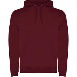 A maroon hooded sweatshirt with a front pocket and drawstring hood. It features a branding logo.