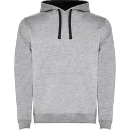 A grey urban hooded sweatshirt with a black inner lining and black drawstrings. It features a logo.