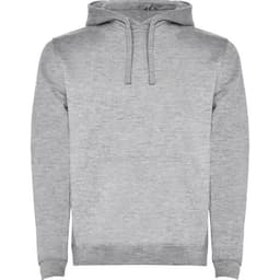 A grey hooded sweatshirt with a front pouch pocket and drawstring hood. It features a logo on the front.