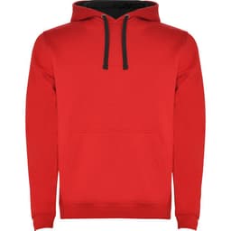 A red urban hooded sweatshirt featuring a black hood and drawstrings, complete with a front pocket and logo.