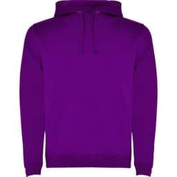 A purple hooded sweatshirt with a front pouch pocket and a drawstring hood. It features a logo.