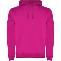A bright pink hooded sweatshirt with a front pocket and drawstrings. It features a logo on one area.