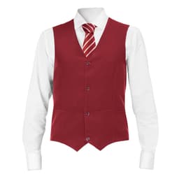 A red vest with a white shirt and red-striped tie, featuring a branded logo on the vest.