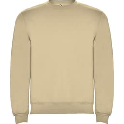 A beige sweatshirt with a crew neckline and ribbed cuffs. It features a logo on the inside neck.