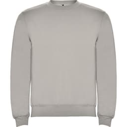 A grey sweatshirt with a crew neck and long sleeves, featuring a small logo.