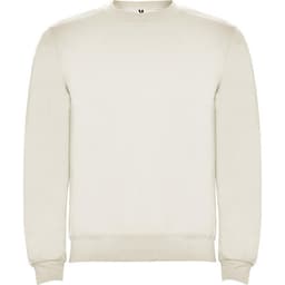 A cream-coloured sweatshirt with a simple design and a branding logo on the neck.