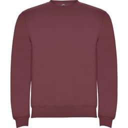 A burgundy sweatshirt featuring a crew neck and ribbed cuffs, with a logo present. Ideal for casual wear.