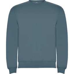 A blue sweatshirt featuring a simple design and a crew neck. It has a logo on the label.