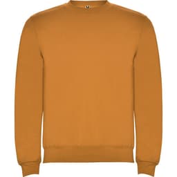 A mustard-coloured sweatshirt with a round neckline and long sleeves, featuring a logo.