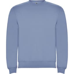 A blue sweatshirt with a round neck and long sleeves, featuring a logo on the front.