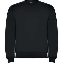 A black sweatshirt with a crew neckline, featuring long sleeves and a simple design. It has a logo on the neckline.