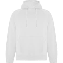 A white hooded sweatshirt featuring a front pocket and a drawstring hood. It includes a logo on the design.