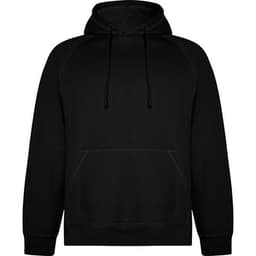 A black hooded sweatshirt featuring a front kangaroo pocket and adjustable drawstrings. It has a logo on it.
