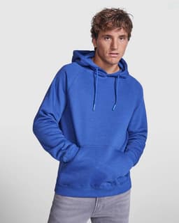 A blue hooded sweatshirt featuring a front pocket and drawstring hood, modeled by a person with a neutral expression.