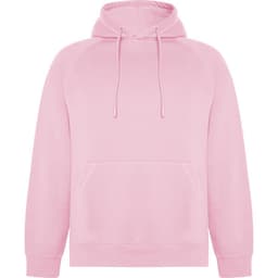 A pink hooded sweatshirt featuring a front pocket and drawstring hood. It has a simple design and includes a logo.