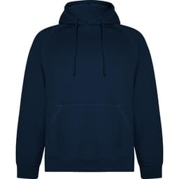 A navy Vinson hooded sweatshirt featuring a kangaroo pocket and a hood, with a simple logo on the front.