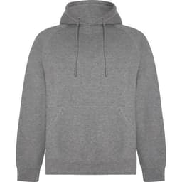 A grey hooded sweatshirt featuring a kangaroo pocket and drawstrings. It has a simple design with raglan sleeves.