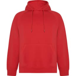 A red hooded sweatshirt featuring a front pocket and drawstrings, with a logo on the chest.