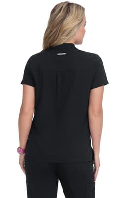 A short-sleeved black top with a simple design and a back detail, featuring a logo on the neckline.