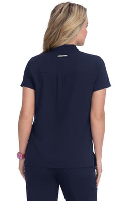 A navy blue top with a collar and short sleeves, featuring a logo on the back.