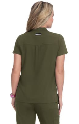 A short-sleeved, olive green blouse with a collar and a branding logo on the back, designed for women.