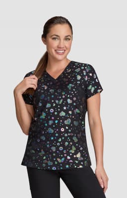 A black top with a colourful floral print, featuring a V-neck and short sleeves. It has a branding logo.