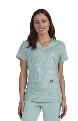 A mint green scrub top with a v-neck design, featuring a subtle print and a logo.