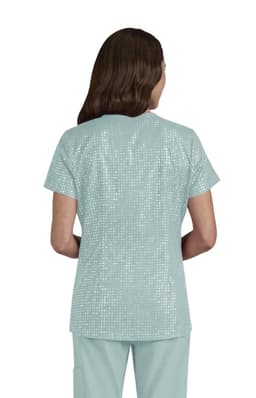 A top in a light teal colour with a textured pattern, viewed from the back, featuring short sleeves.